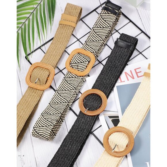 4 Pcs Women\'s Woven Elastic Waist Belts Rattan Buckle Fashion Accessories main image 5